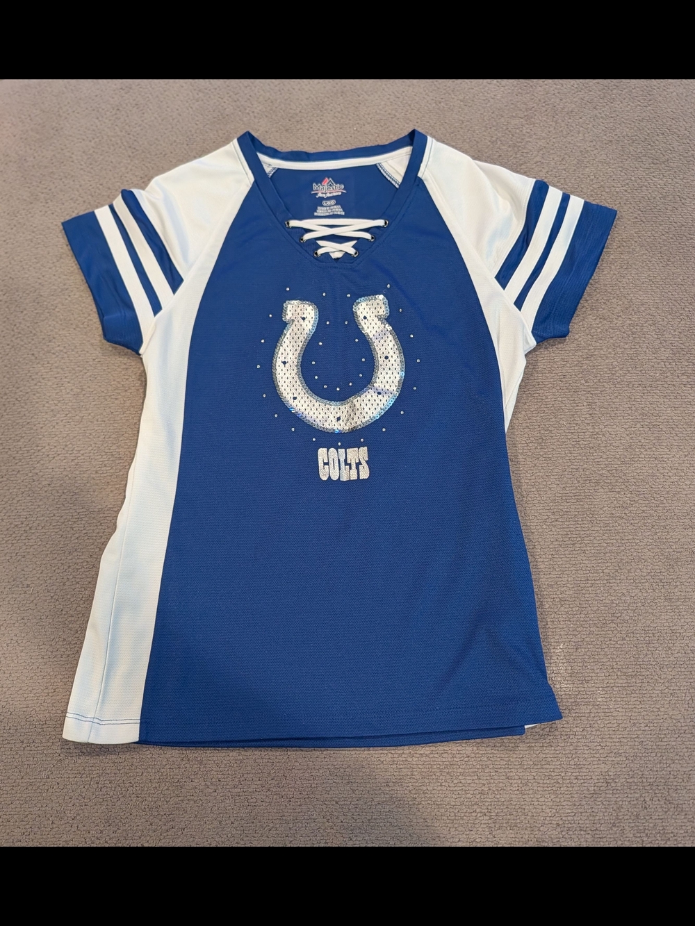 Majestic Royal Blue and White Colts Lace-Up Short Sleeve Top